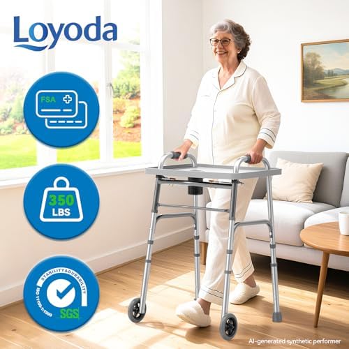 Loyoda Folding Walker with Basket and Glide Skis, 5" Wheels, Lightweight | Standard Walker for Seniors and Adults, Offers 8 Height Adjustments (31"-38"), Supports up to 350 lbs