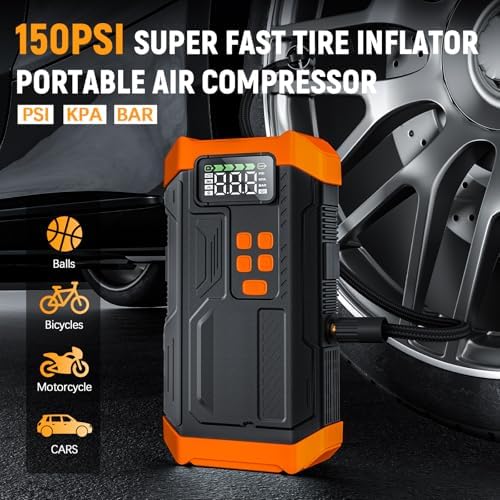 [2026NEW Model] 5000A Jump Starter with Air Compressor,Car Jumper Starter Portable with 150PSI Tire Inflator 12V Jump Box with LCD Display,Flashlight,Storage Case (Up 9L Gas/8L Diesel Engine