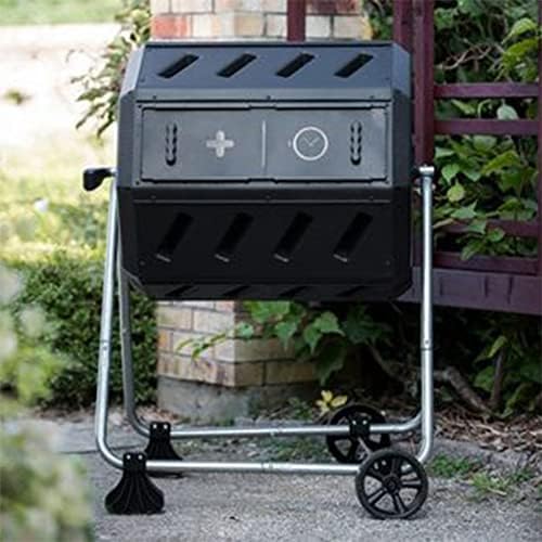 FCMP Outdoor IM4000-WK 37 Gallon Plastic Dual Chamber Tumbling Composter Outdoor Elevated Rotating Garden Compost Bin with Wheels, Black/Black