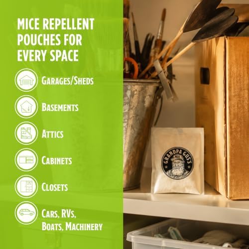 Grandpa Gus's Mouse Repellent Pouches, Natural Peppermint Oil, 4 Pouches | Cinnamon & Peppermint Oil Helps Repel Mice from Nesting in Home/Cabin/Boat/Car Storage/RV/Machinery/Shed, Kid & Pet Safe