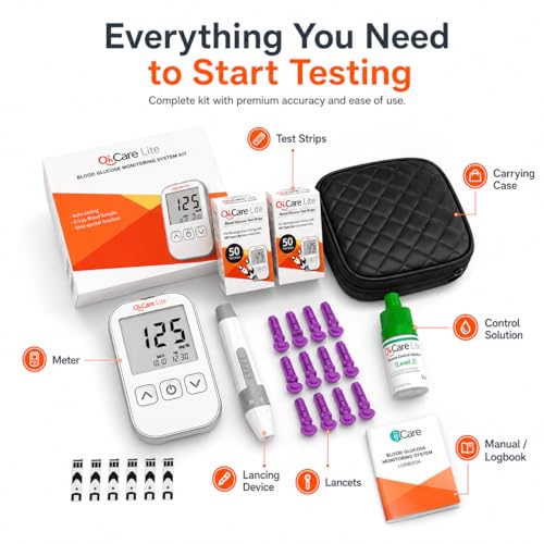 Oh’Care Lite Blood Sugar Test Kit – Blood Glucose Meter with Strips and Lancets, Lancing Device, Log