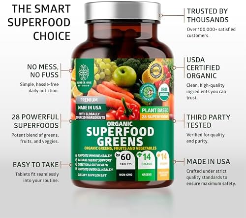USDA Organic Superfood Greens, 28 Ingredients, Vegan, Non-GMO, 60 Tablets