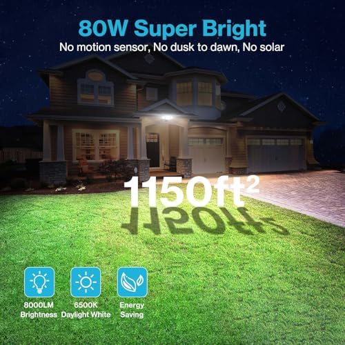 Olafus 80W Flood Lights Outdoor, Switch Controlled 8000LM LED Security Lights, IP65 Waterproof Outside Floodlights
