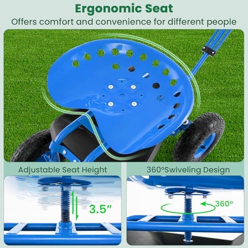 Giantex Rolling Garden Cart with Seat, 4-Wheel Gardening Workseat with Storage Basket, Swivel Stool Adjustable Seat, Steering Handle