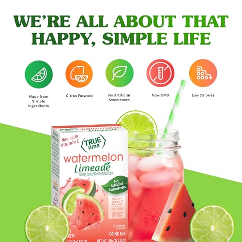 True Lime Watermelon Limeade Powdered Drink Mix Packets, 10 ct (12-pack) | Non-GMO, gluten free, low calorie water enhancer, no artificial sweeteners