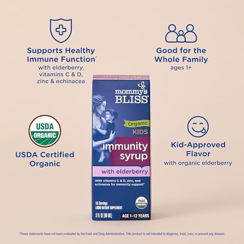 Mommy's Bliss Organic Elderberry Syrup & Immunity Boost With Vitamins, Prebiotics & Echinacea for Kids & Adults 1 yr+, 3 Fl Oz