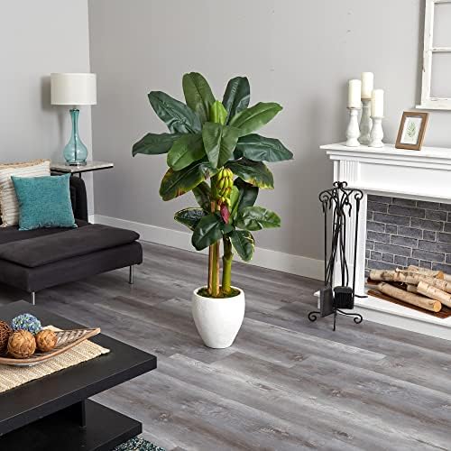 Nearly Natural 5ft. Double Stalk Banana Tree in White Planter