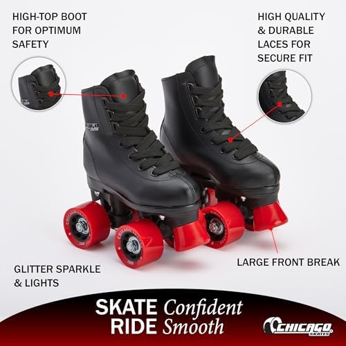 Chicago Rink Roller Skates for Girls & Boys – Durable Top Performance Indoor/Outdoor Use Skate Shoes with Padded Ankle Collar, Lace-Up & Velcro Strap – 54mm Urethane Wheels, Semi-Precision Bearings
