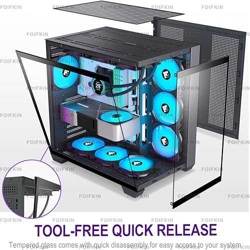 FOIFKIN F600 PC Case - Pre-Installed 7 PWM ARGB Fan, ATX Mid-Tower Gaming PC Case, 270° Panoramic Glass with Type-C, FOIFKIN (Black, F600)