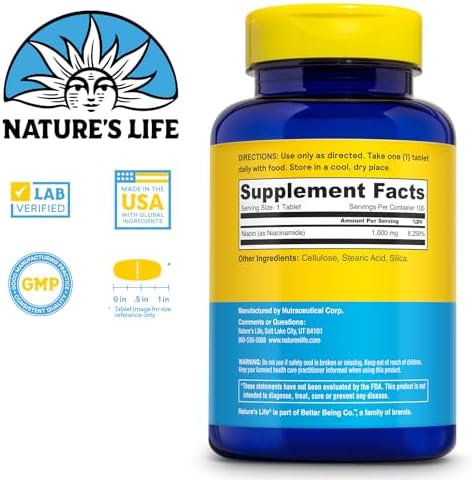 Nature's Life Energizing Niacinamide, Vitamin B3 1000mg - High Potency, No Flush Niacin Supplement - Nerve Function