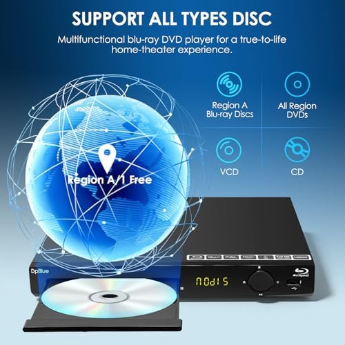 1080P Full HD Blu-ray DVD Player for TV/Projector, HDMI/AV/Coaxial Outputs | Home Theater Blu Ray Player Support Region A/1 Blu-ray Discs, CD DVDs VCD