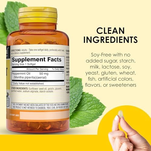 MASON NATURAL Peppermint Oil 50 mg Enteric Coated Softgels, 90 Day Supply | 50mg pure peppermint oil, enteric coated to dissolve in the intestines, to ease bloating & gas and support normal digestion