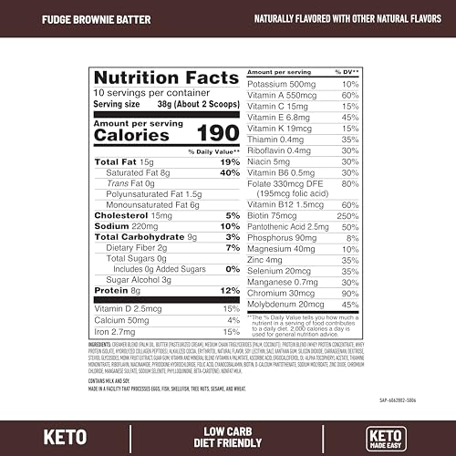 SlimFast Keto Meal Replacement Shake, Fudge Brownie Batter, Low Carb Keto Protein Powder with Collagen & Whey, No Sugar Added, Gluten Free, Weight Loss Support, 10-Serving Canister