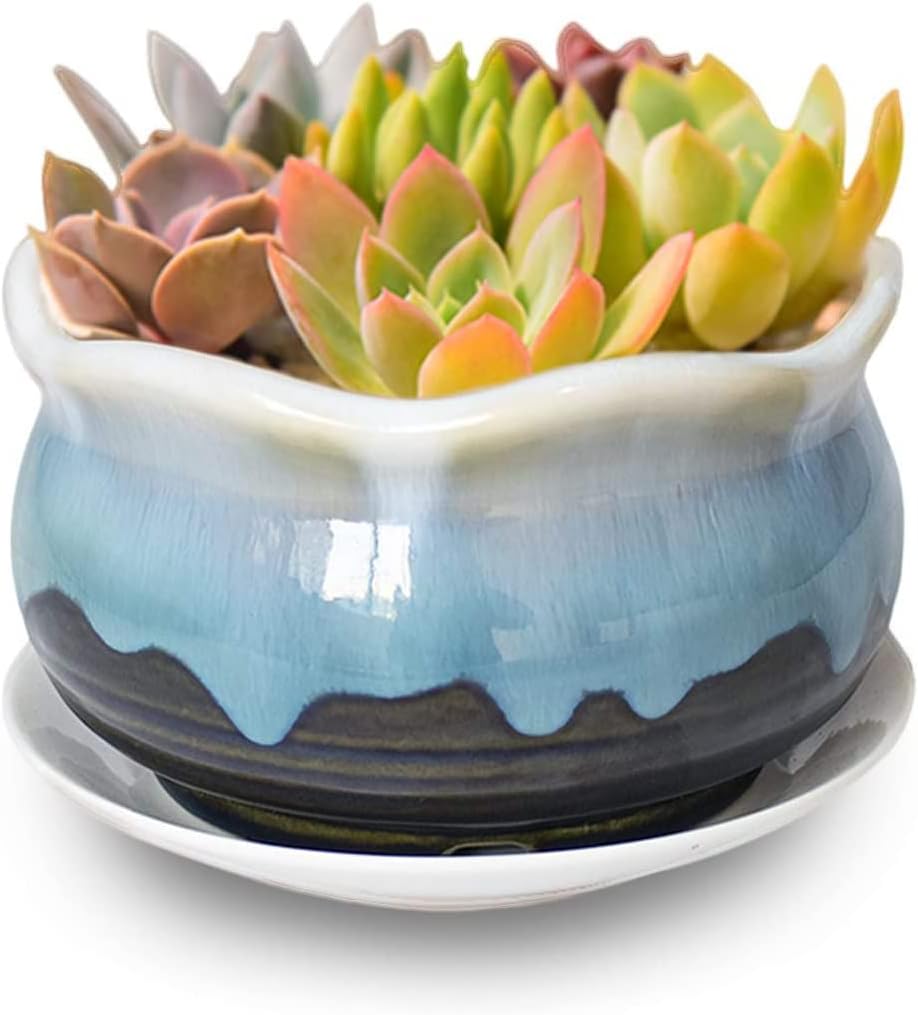 Dahlia 8.3'' Inch Large Shallow Drip Glazed Ceramic Planter/Succulent Pot/Plant Pot, Green