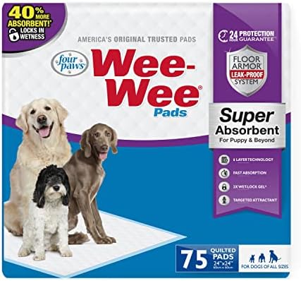 Four Paws Wee-Wee Super Absorbent Pads for Dogs, 22 Count | Leak-proof puppy pads, locks in wetness, dog housebreaking & potty training, all day floor protection, 24" x 24"