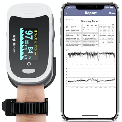 EMAY Sleep Oxygen Monitor with Built-in Recording Capability | Track Continuous Blood Oxygen Levels & Pulse Rate Overnight | Provides Sleep Report &