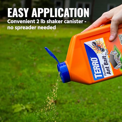TERRO Perimeter Outdoor Ant Bait Plus, 2-Pack, 2 lb Shaker Canisters | Attracts and Kills Carpenter Ants, Roaches, Crickets, Earwigs, Silverfish, Slugs & Snails for Pest Control, 4-Week Protection