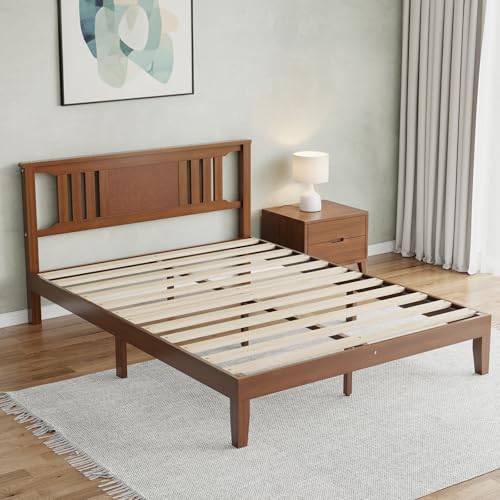 Solid Wood Bed Frame, Queen Size Platform Bed Frame with Headboard, Sturdy Wood Slat Support, Heavy Duty, No Box Spring Needed, Noise-Free, Easy Assembly