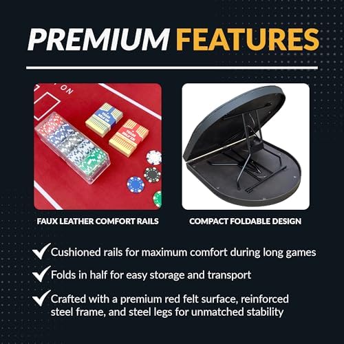 Hathaway Fourth Street Folding Texas Holdem Table – 10-Player Quick Folding Poker Table with Burgundy Felt Padded Surface – Includes Playing Cards