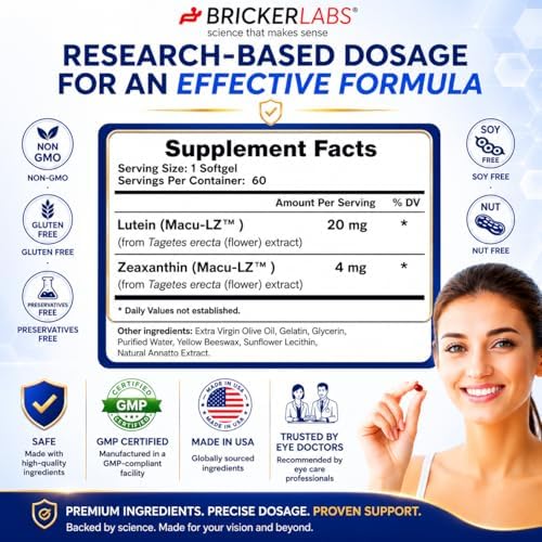 Bricker Labs Natural Lutein + Zeaxanthin Eye Supplement – Supports Eye, Brain, and Skin Health with Macular Carotenoids, Superior Bioavailability