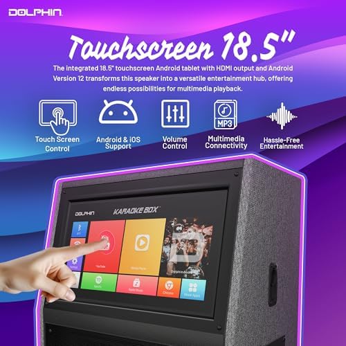 Dolphin Karaoke Machine with 2 Wireless Microphones, 18" Woofer | 18.5" Touchscreen, Android 12, Bluetooth, HDMI, USB, TF, AUX & FM Inputs