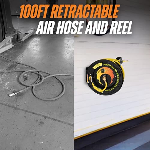 100-FT Retractable Air Hose Reel – 300 PSI Heavy-Duty Air Compressor Hose and Reel, Air Hose Auto-Rewind Design, Wall