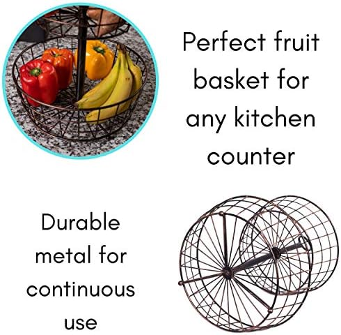 BIRDROCK HOME 3 Tier Wire Fruit Basket | Round Metal Standing Baskets | Fruit Vegetable Garlic Caddy | Freestanding Rustic Decorative Basket