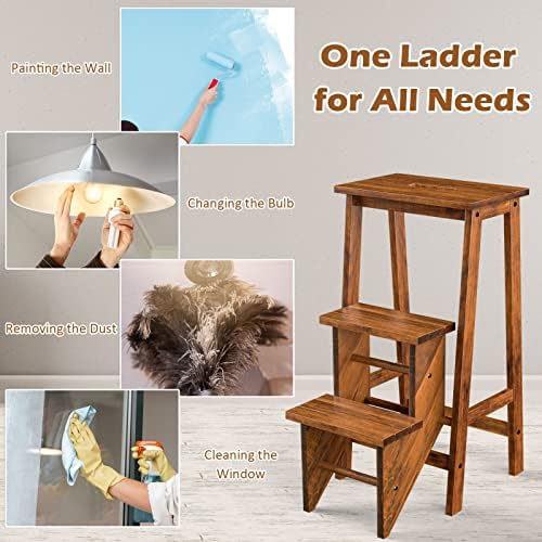 Costzon Folding 3 Step Stool, 3 in 1 Wooden Step Ladder with Handle, Non-Slip Pedal, Multifunctional Storage Shelf, Flower Rack for Kitchen, Library, Garage, Foldable Step Stool for Adults Kids