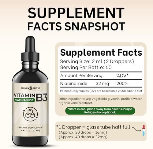 Think Above Vitamin B3 Niacinamide Liquid - Non Flush Form of B3 Niacin - Convenient Vitamin B3 Niacinamide Drops for Women and Men - Easy to