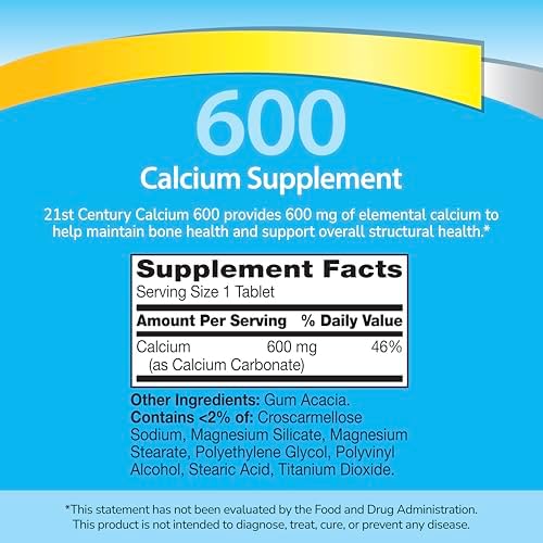 21st Century Calcium 600mg Tablets, Bone Strength Support, 75 Count | Calcium Carbonate 600 mg, Compare VS. Caltrate® 600, Bone Strength & Density Support, Vegan-Friendly, Non-GMO, Gluten Free
