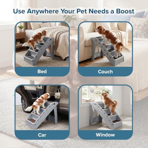 Pet Stairs - Home and Vehicle Foldable Nonslip Dog Steps with 4-Step Design - For Puppies, Kittens, and Other Small Pets by PETMAKER (Tan)
