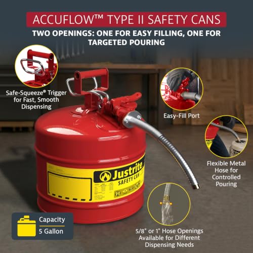 Justrite Type II Gasoline Safety Can, Red Galvanized Steel, FM Approved | Flammable Liquid Storage Can with Controlled Pouring, 5 Gallon Capacity