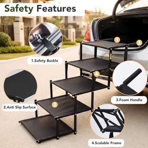 Dog Ramp for Car, Foldable 5-Step Dog Stairs for Small Dogs, 150 Lbs | Non-Slip Oxford Surface, Sturdy Steel Frame, Anti-Scratch Handle