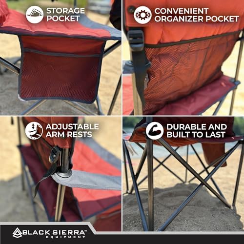 Black Sierra Oversize XL Camping Chair Supports 500 lbs, Padded Folding Outdoor Chair w/ 2 Cupholders and Carrybag