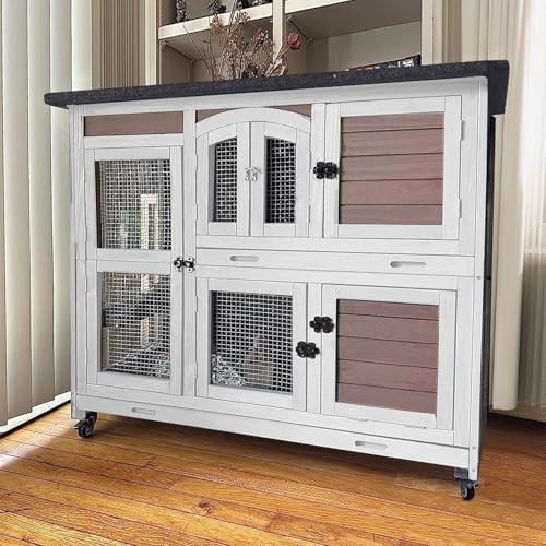 GUTINNEEN Rabbit Hutch Indoor Outdoor Bunny House Guinea Pig Cage on Wheel with Plastic Tray