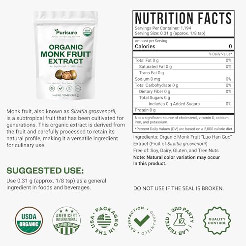 Organic Monk Fruit Extract Powder, 125g (4.4oz), No Fillers Pure USDA Organic Monk Fruit Extract Sweetener with No Aftertaste, Non-GMO, Zero Calorie & Zero Carbs, Keto & Paleo Friendly 403 Servings