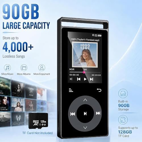 90GB MP3 Player Bluetooth 5.3, HiFi Sound Music Player with Touch Buttons | MP3 Players with Built-in Color Screen, E-Books, Earphones Included