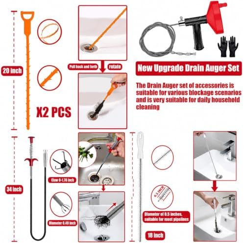 Drain Snake Auger, 33 Feet Plumbing Snake Drain Hair Clog Removal Tool, Heavy Duty Snake Auger