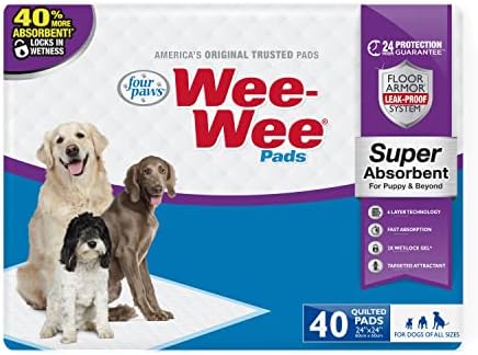 Four Paws Wee-Wee Super Absorbent Pads for Dogs, 22 Count | Leak-proof puppy pads, locks in wetness, dog housebreaking & potty training, all day floor protection, 24" x 24"