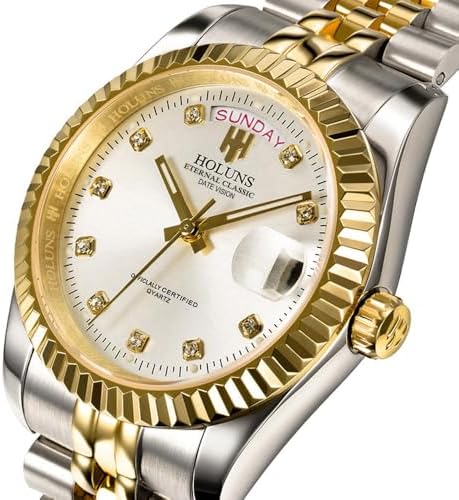 41MM Men's Gold Plated Stainless Steel Waterproof Quartz Watch Luxury Wristwatch with Date Week Display