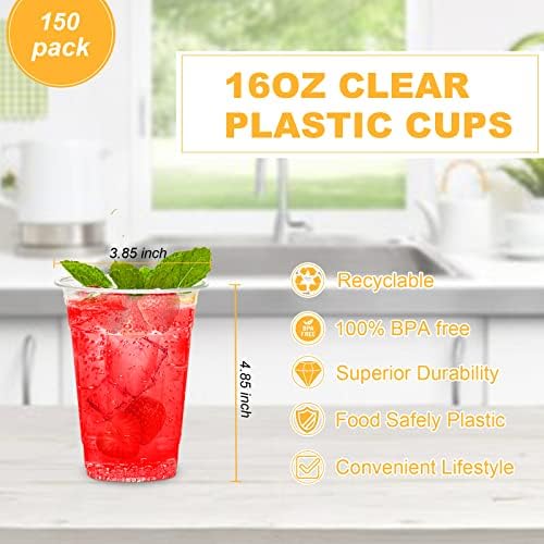 TashiBox [16oz - 150 Cups Clear Plastic Cups, disposable plastic cups for tea,smoothies Sodas and Mixed Drinks