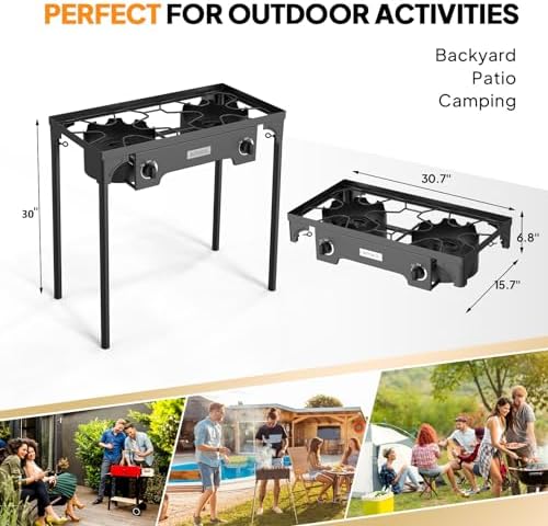 ROVSUN 2 Burner Outdoor Propane Gas Stove with Adjustable Regulator, 150,000 BTU High Pressure Stand Cooker for Backyard Cooking Camping Home Brewing Canning Turkey Frying
