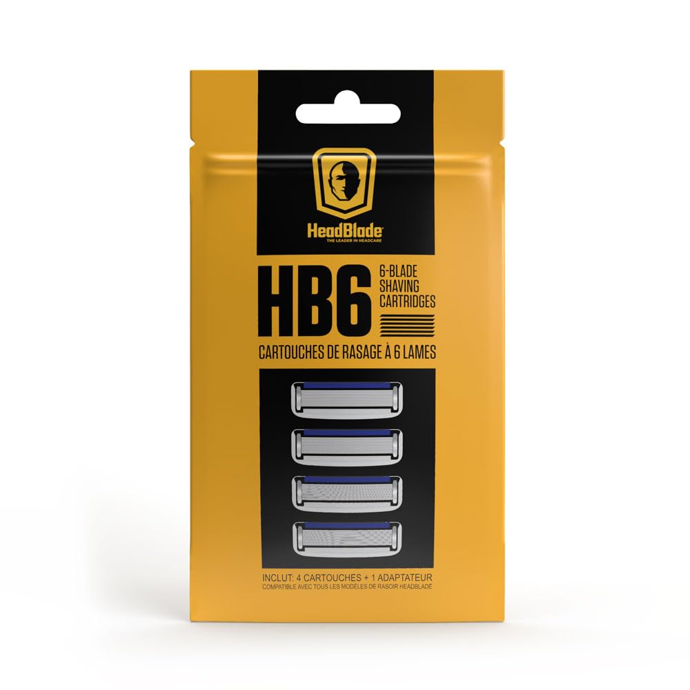 HeadBlade Men's HB6 Refill Shaving Razor Blades - 6 Stainless Steel Blades for No Tugging or Pulling, Shave Less, Works for Face, Body, and Scalp (4 Blades) 1 Pack