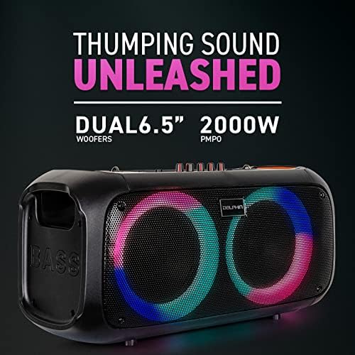 Dolphin Boombox Bluetooth Party Speaker with Wired Mic, Dual 6.5" Woofers | 1" Tweeter, WaveSync Pairing, LED Lights, USB/microSD/FM/AUX