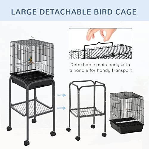 Pawhut 45-inch Metal Indoor Bird Cage, Parrot Cage, Bird Aviary with Detachable Rolling Stand, Storage Basket, and Accessories - Black | Parrot Cage