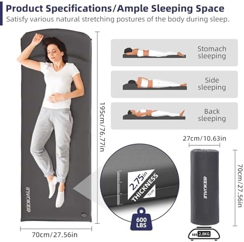 INVOKER Camping Sleeping Pad, Self-Inflating, 75 x 24 x 3.15 in, Green
