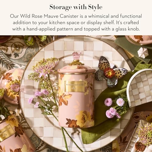 MACKENZIE-CHILDS Enamel Canister, Large, White Butterfly Garden | Hand-applied design, made from enameled steel, versatile kitchen storage container for flour and sugar, 64-ounce capacity