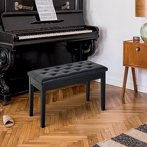 HOMCOM Piano Bench with Faux Leather Padded Cushion, Chestnut Brown | Duet Piano Chair, Wooden Frame, Button Tufted Keyboard Bench