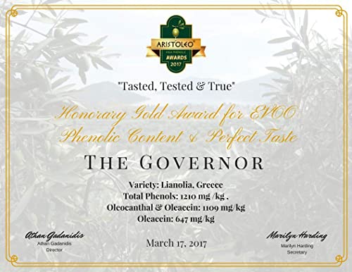 The Governor Limited Edition Extra Virgin Olive Oil - Unfiltered, Cold-Pressed, Early Harvest, Single Origin - Peppery, Robust, Spicy Notes - Packed with Polyphenols, Oleocanthal, Antioxidants, 500ml