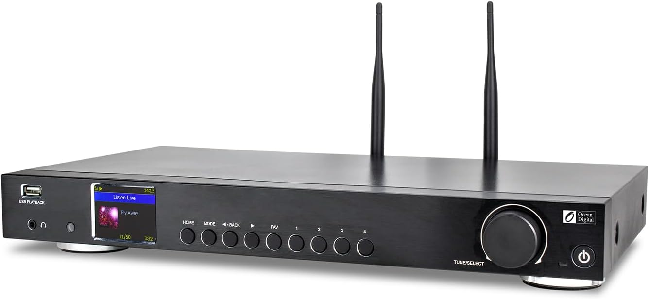 Ocean Digital WR-50 Internet Radio Tuner Component Wi-Fi, Ethernet LAN, Podcasts, Stereo Outputs to Connect Hi-Fi System, Bluetooth Receiver
